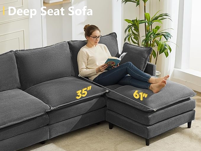 DRMBOOK 110.6'' L Shaped Modular Sectional Cloud Couch Cozy Upholstered 3 Seater Sofa Modern Deep Seat Modular Sofa Couches with Ottoman for Living Room (Corduroy Grey 3 Seat+1 Ottoman)