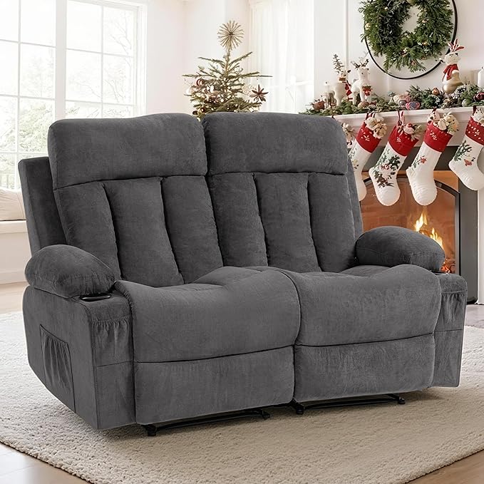 2 Seater Manual Reclining Loveseat Chair with Cup Holders 160° Wide Recline &amp Memory Foam Cushion Comfy Recliner Couch with Storage Pockets for Living Room Home Theater Office Grey