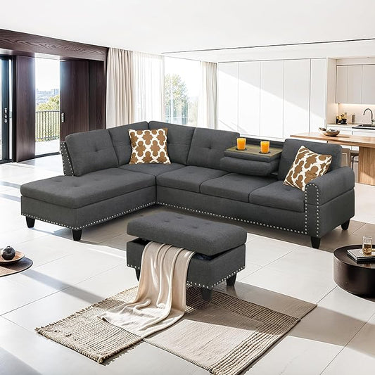 Convertible Sectional Sofa with Storage 4 Seat L Shaped Couch with Chaise and Cup Holder Modern Linen Fabric Sofá for Living Room Apartment Office (Dark Gray)