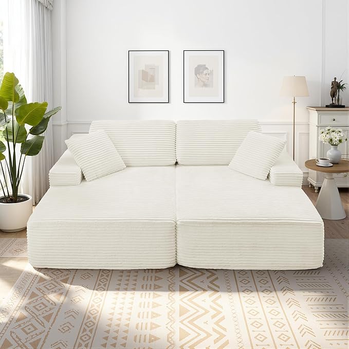 89.3” Oversized Double Chaise Lounge Indoor Beige Corduroy Chaise Lounge Chair Upholstered Sleeper Sofa Bed Deep Seat Sleeper Loveseat Reading Chairs Boneless Cloud Couch for Living Room Bedroom