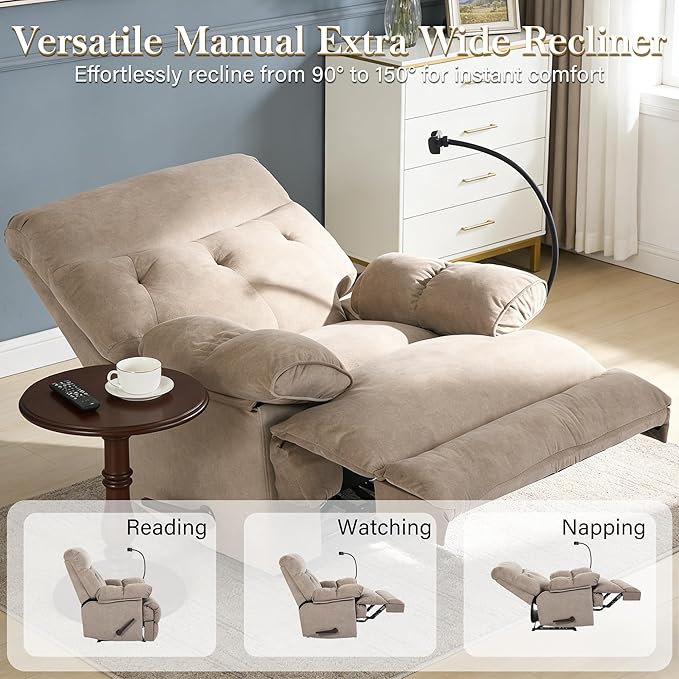 Adjustable Oversized Recliner Chair for Adults Manual Big Man Recliners 400lbs with Phone Holder Tall Man Recliner for Bedroom Living Room and Home Theater Brown