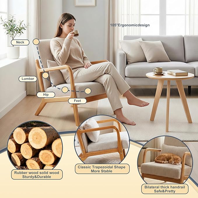Mid Century Modern Accent Chair with Side Table Upholstered Corduroy Armchair with Lumbar Pillow Solid Rubberwood Frame for Living Room Bedroom Reading Nook Beige