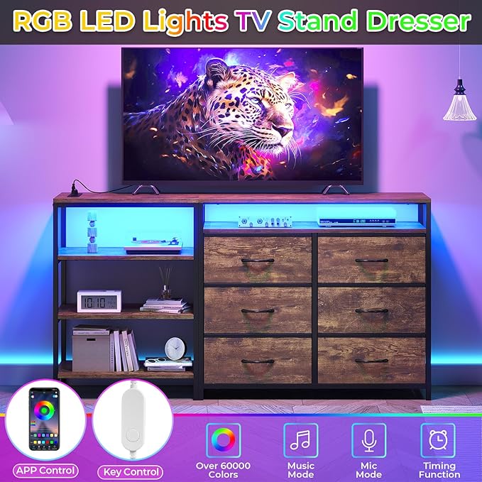 BTHFST TV Stand for Bedroom with Charging Station and LED Lights Entertainment Center for 60 Inch TV with 6 Fabric Drawers TV Console with Open Shelf for Living Room Rustic Brown