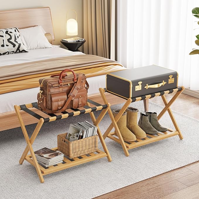2 Pack Bamboo Luggage Rack for Guest Room 26.77 Folding Wide Suitcase Stand with Storage Shelf Thickened Luggage Stand Holder for Bedroom Hotel Luggage Rack for Suitcases (Natural)