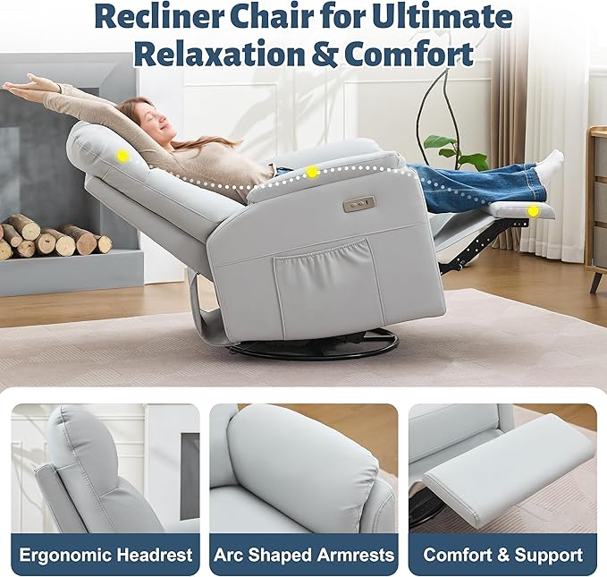 Power Glider Recliner Nursery Rocking Chair with USB Ports Glider Chair with Lumbar Pillow for Living Room Glider Swivel Recliner Chair for Nursery(Gray)