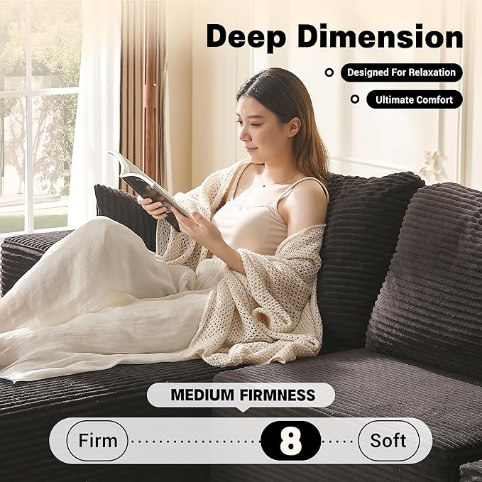 138 Boneless Couch with Deep Seat Set of Modular Sectional Sofa Cloud Sectional Couch for Living Room No Assembly Required Corduroy 4 Seater L-Shape Left Black