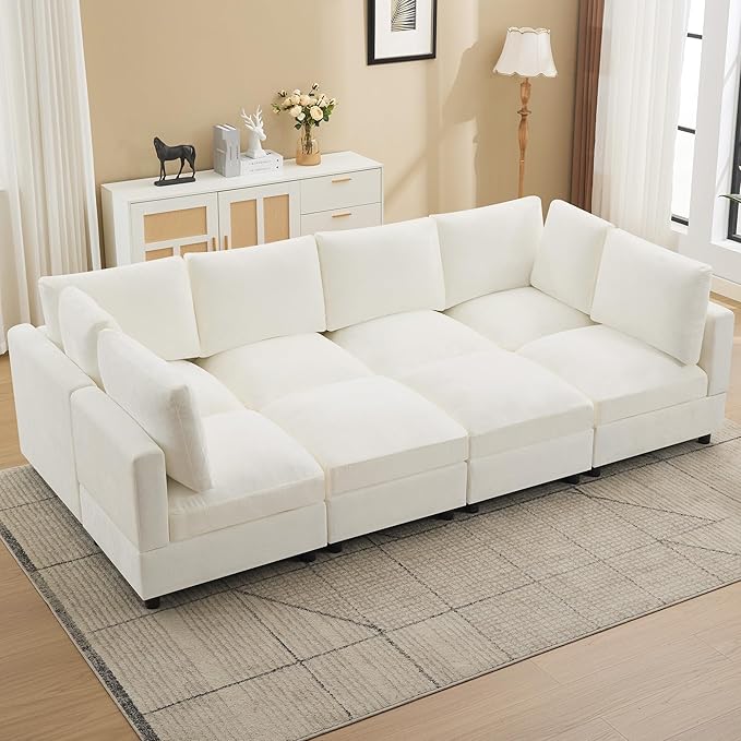 116'' Modular Sectional Cloud Sofa Bed 8-Seater Convertible Sofa Couch with Ottoman Modern Deep Seat Sleeper Sofa for Living Room Chenille Beige