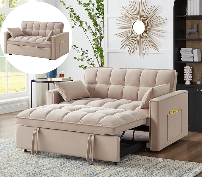 KEIKI Velvet Loveseat Convertible Sofa Bed Sleeper Chair with Adjustable Backrest Pillows &amp Storage Pockets 3 in 1 Pull-Out Couch Chaise Lounge Recliner for Living Room Balcony Bedroom Taupe
