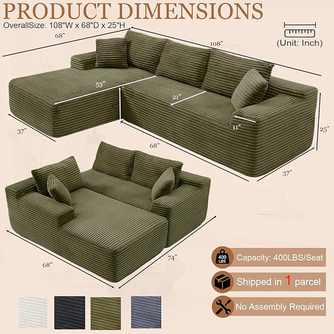 108 Cloud Modular Sectional Couch Modern Boneless Couch with L-Shape Chaise Deep Seat Sectional Sofa Corduroy Corner Couches for Living RoomNo Assembly Required (Green Left Facing Chaise)