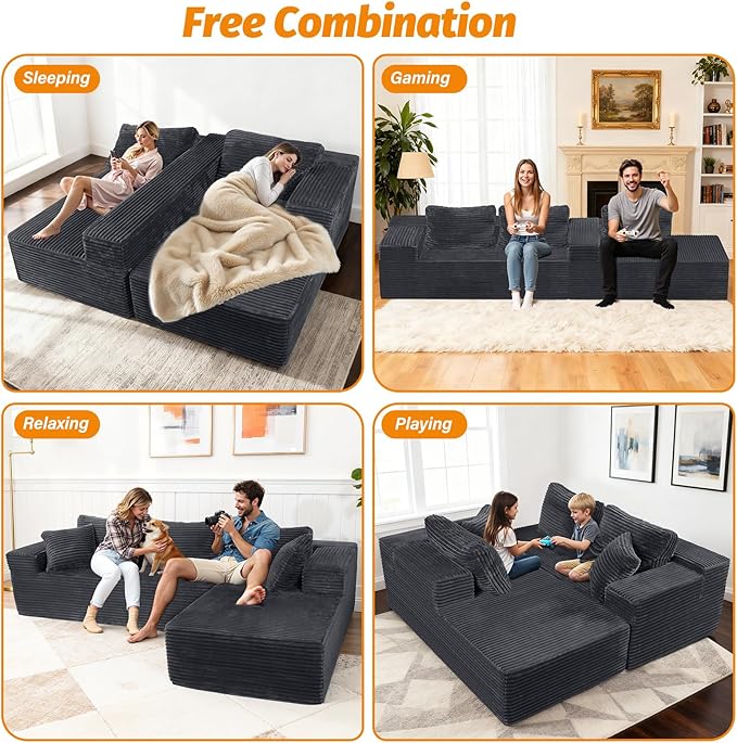 108” Modular Sectional Couches Sofa Oversized L-Shape Cloud Couch with Deep Seat Comfy Memory Foam Modern Boneless Couch for Living Room No Assembly Required