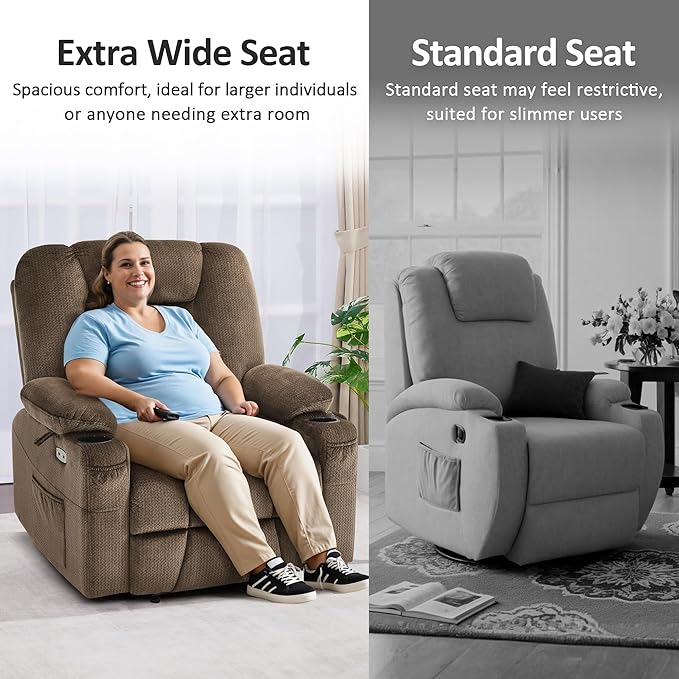 MCombo Oversized Power Lift Recliner Chair Sofa with Massage and Heat for Elderly People Petite USB Ports Side Pockets Fabric R7561 (Brown Small-Oversize)