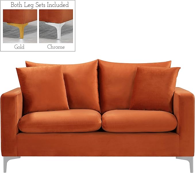 Meridian Furniture 633Cognac-L Naomi Collection Modern | Contemporary Velvet Upholstered Loveseat with Deep Channel Tufting and Rich Gold Stainless Steel Legs Cognac 58 W x 33.5 D x 30 H