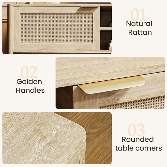 Rattan TV Stand for Living Room - Fits up to 80 Inch TVs Rattan Media Console Table with Adjustable Shelves &amp 2 Storage Cabinets Mid-Century Modern Entertainment Center Oak 71