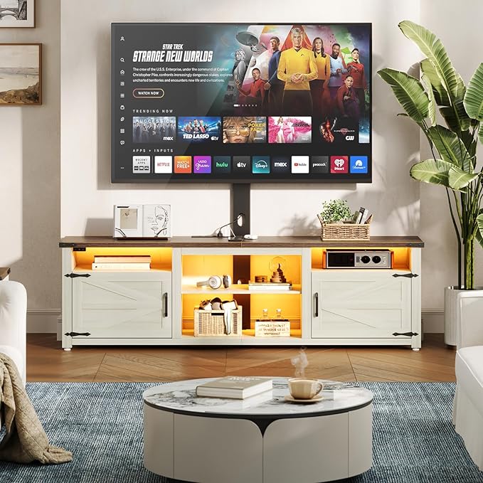 Farmhouse TV Stand with Mount and Charging Station LED Lights 70 Entertainment Center with Height Adjustable Swivel Mount and Barn Doors Storage Cabinets for TVs Up to 75 inch