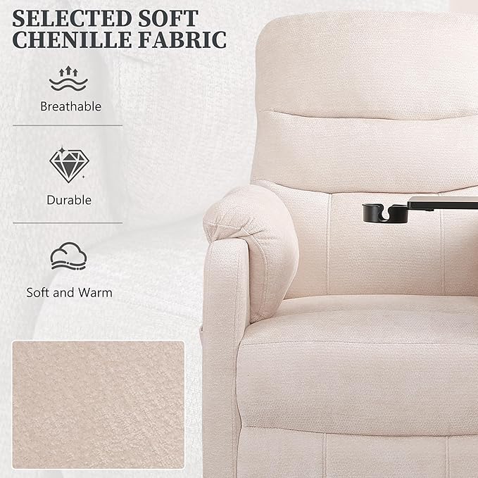 Electric Recliner Chair Power Recliner Sofa with Remote Adjustable Backrest Side Pocket &amp Swivel Tray Table 350 LBS Soft Chenille Fabric Armchair for Living Room Bedroom Beige