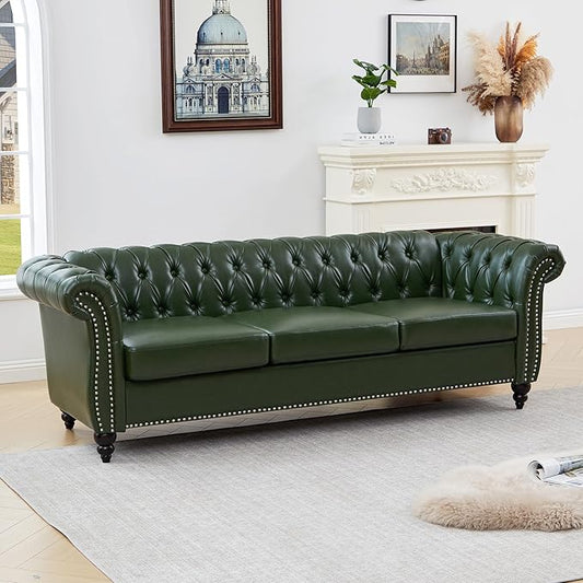 ORRD Chesterfield Sofa Leather Modern Faux PU Tufted Couch 3 Seater with Rolled Arms and Nailhead for Living Room Bedroom Office Apartment (Green)