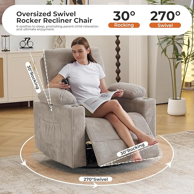 Power Recliner with Adjustable Armrests Rocking Chair Nursery with Massage and Heat Electric Glider Recliner Nursing Chair for Breastfeeding Swivel Rocker Recliner Corduroy Grey