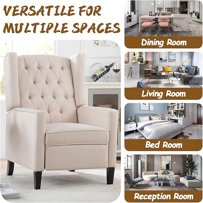 Wingback Recliner Chairs with Foldable Side Table&ampUSB Charging PortsMid Century Accent Single Sofa Small Recliner ChairModern Comfy Pushback Reclining Chair for Living Room (Fabric Beige)