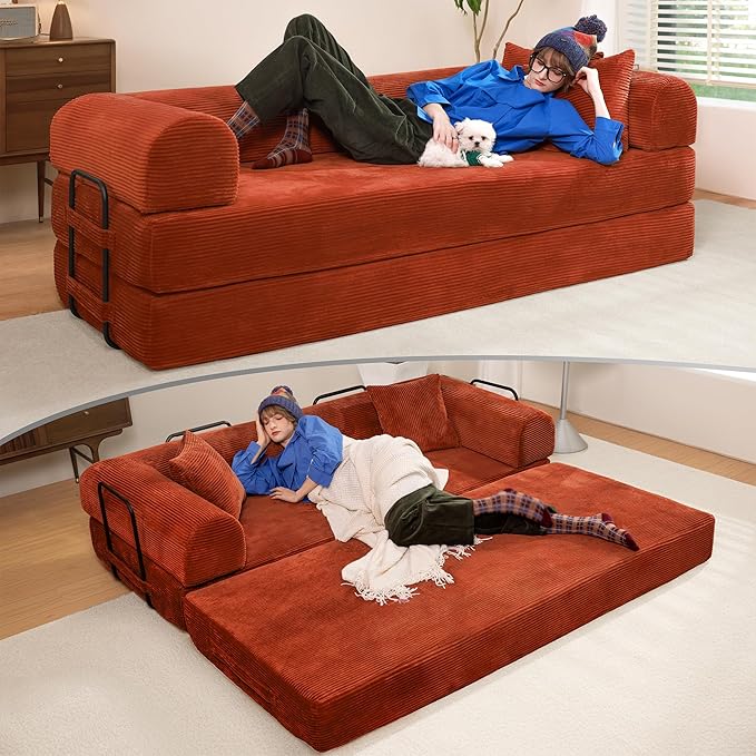 79 Convertible Sofa Bed Boneless Corduroy Sleeper Foldable Modular Couch Memory Foam Compressed Sofa in A Box Folding Mattress Floor Couch for Small Space Living Room Apartment Bedroom Orange