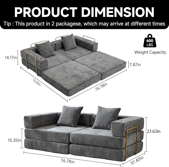 Convertible Sleeper Sofa Bed – 77'' 3-Seater Futon Couch with Corduroy Upholstery Pull-Out Floor Bed High-Density Foam No Assembly Perfect for Living Room Bedroom Apartment Studio (Grey)