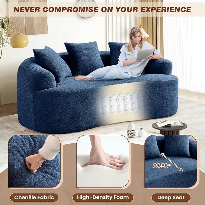 65 Curved Loveseat Sectional Sofa for Living Room Modern Plush Chenille Cloud Round Deep Seat Compressed Boneless Couch with 3 Throw Pillows for Small Apartment No Assembly Needed Blue