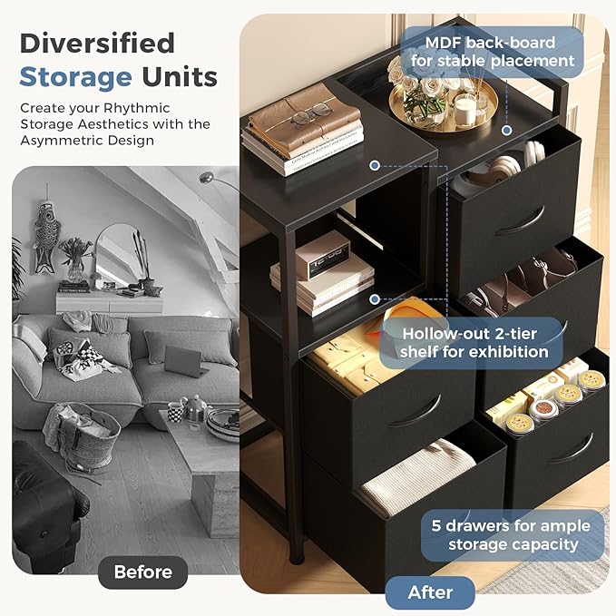 DUMOS 5-Drawer Chest of Drawers with Raised Shelf Storage Tower with Fabric Bins for Closet Organization Hallway Storage Black