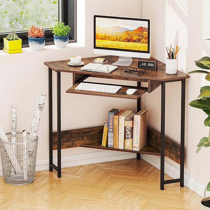 Tangkula Corner Desk with Keyboard Tray 90-Degree Triangle Corner Computer Desk for Small Space Industrial Writing Desk with Storage Shelf Space-Saving Laptop PC Desk (Rustic Brown)