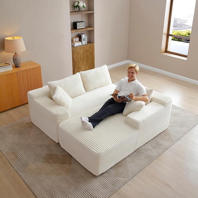 KEIKI 3 Seater Corduroy Boneless Modular Sectional Couch Sofa with Oversized Chaise Lounge Ottoman &amp Back Cushions Deep Seat Modern L-Shape Cloud Compressed Sofa Couches for Living Room Bedroom