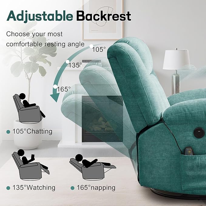 Rocker Recliner Glider Recliner Chairs for Adults 360° Swivel Rocking Chair with Massage and Heating Nursery Chair with Storage and USB Charging for Living Room Bedroom Nursery