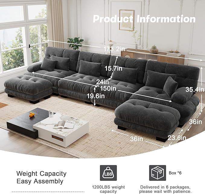 173.2'' Sectional Couches for Living Room Memory Foam Chenille Cloud Couch Round Arm Deep Seat U Shaped Couch Sofa with Pillow and Ottoman