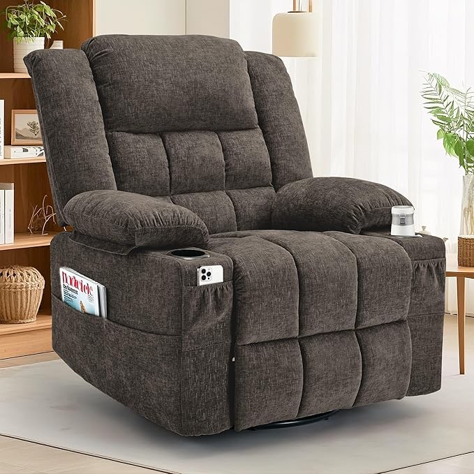 360° Swivel Rocker Recliner for Adults Nursery Glider Recliner with Massage and Heating Rocking Chair with Cup Holder Manual Recliner Chair for Living Room Bedroom (Fabric Brown)