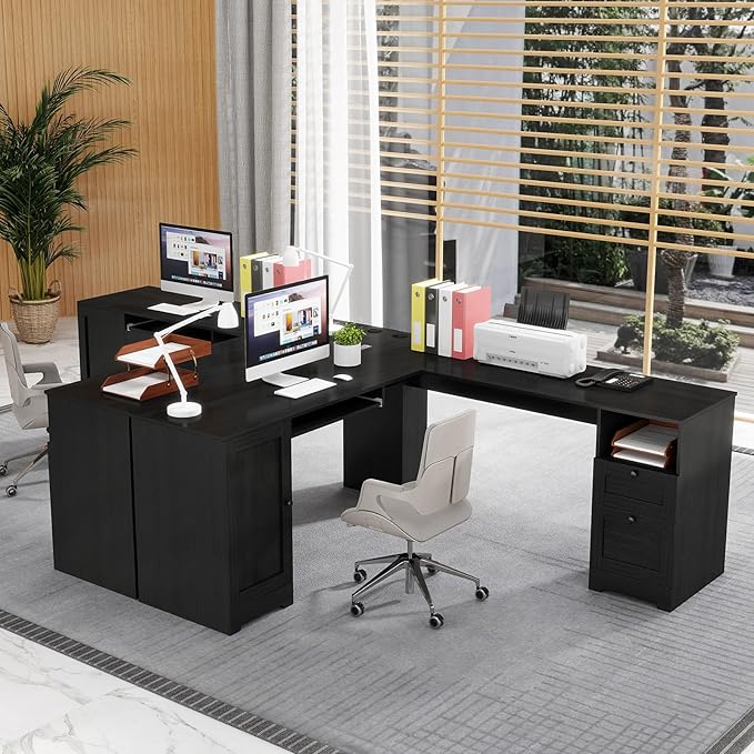 Tangkula 66” x 66” L-Shaped Office Desk with Power Outlets Modern Home Office Computer Desk with 2 Drawers Cabinet Adjustable Shelf &amp Keyboard Tray Corner Executive Desk for Working Writing