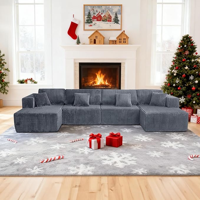 143.3'' Convertible Modular Sectional Couch Modern U-Shaped Floor Sofa with Movable Ottomans Comfy Corduroy Fabric Sofas No Assembly Free Combination Couches for Living Room ApartmentGrey