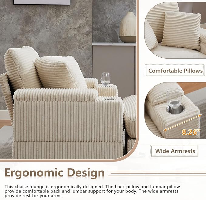 42.12” Oversized Accent Chair with Ottoman &amp Armrest Storage Modern Corduroy Reading Chair with Cup Holder &amp Pillow Comfy Upholstered Deep Seat Armchair for Living Room Bedroom(Beige)