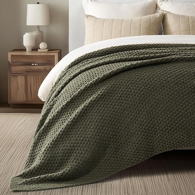 EVERGRACEHOME Chunky Chenille Knit Throw Blanket for Couch Soft Luxurious Oversized King Moss Stitch Blanket for Bed Large Cozy Farmhouse Knitted Throw for Sofa Olive Green 92 x 108