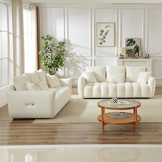 Teddy Cloud Sofa Couch Comfy Upholstered Sherpa Deep Seat Boucle Sofa Cozy Modern 3 Seater Couch with 3 Pillows Oversized Loveseat for Living Room Apartment Office Beige White