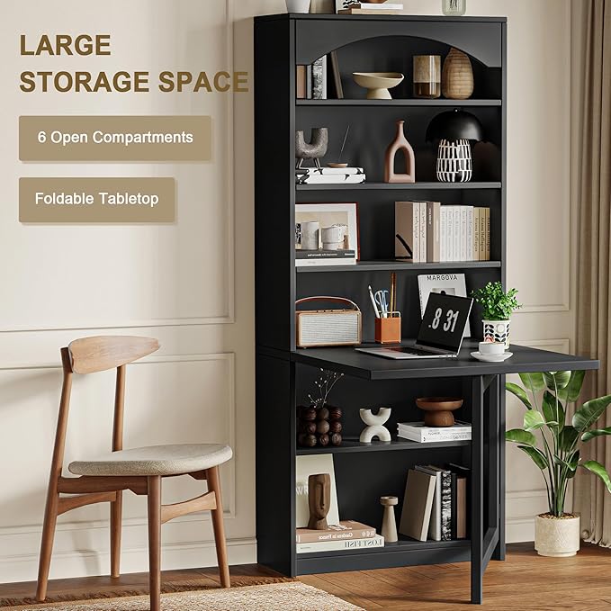 Folding Desk with Storage Space-Saving Foldable Convertible Writing Table Wall Mount Fold Out Computer Desk for Home Office Craft Room Living Room Bedroom Black