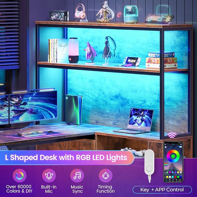 SEDETA 56.7 L Shaped Standing Desk Reversible Computer Office Desk with Drawers &amp Hutch Stand Up Corner Gaming Desks with LED Lights &amp Power Outlets for Home Office Rustic Brown