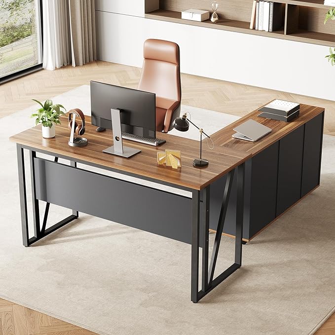 LITTLE TREE 55-Inch L-Shaped Computer Desk Large Corner Desk with Drawers Modern Office Workstation Study Desk Corner Computer Desk for Home Office Bedroom Brown