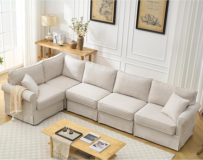 Modular Sectional Sofa SetConvertible L Shaped Couch5 SeatReversible Sectional Sofa CouchUpholsteredCorner SofaRolled ArmsSoft Linen Fabric (Beige)