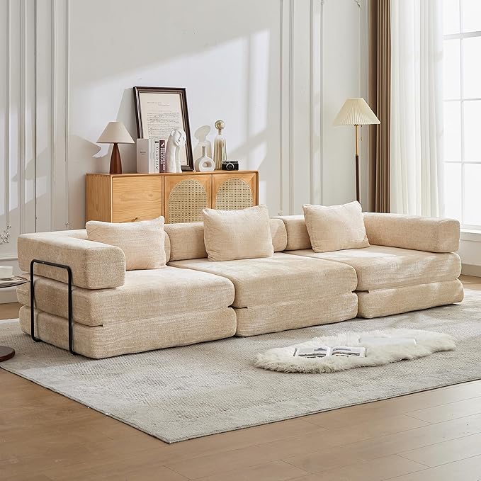 Convertible Floor Sofa Bed 3-Seat Modular Sectional Chenille Fabric No Assembly Required 118 inches Beige (3 Beige)
