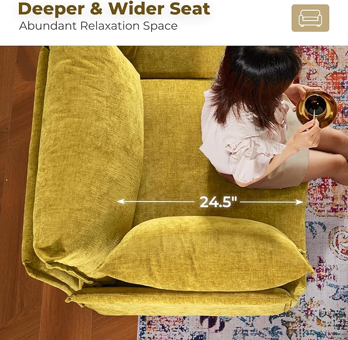 ABCASA Oversized Accent Chair Set of 2 Upholstered Modern Living Room Chair 24.5 Deep Seat Reading Chair Yellow Mid-Century Pet-Friendly Removable Backrest Cover Comfy Chenille Bedroom Armchair