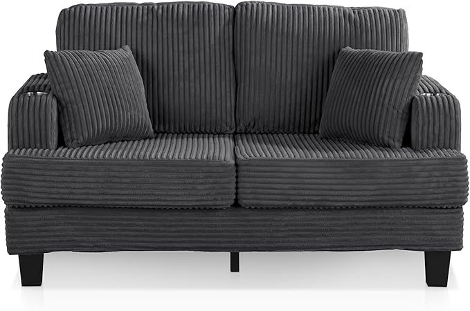 Homes: Inside + Out Reese Modern Plush Chenille Comfortable Loveseat with Side Pockets Cup Holders and Pillows Wooden Soft Couch for Living Room Bedroom and Office Dark Grey