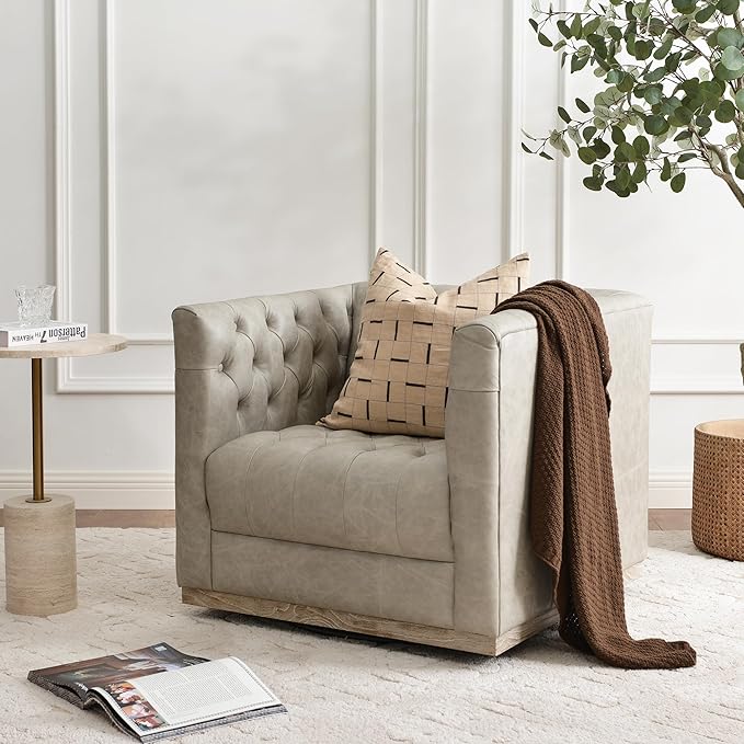 KINWELL 32'' W Genuine Leather Square Swivel Barrel Chair Mid Century Modern Tufted Swivel Accent Chair for Living Room Bedroom Office (Light Gray)