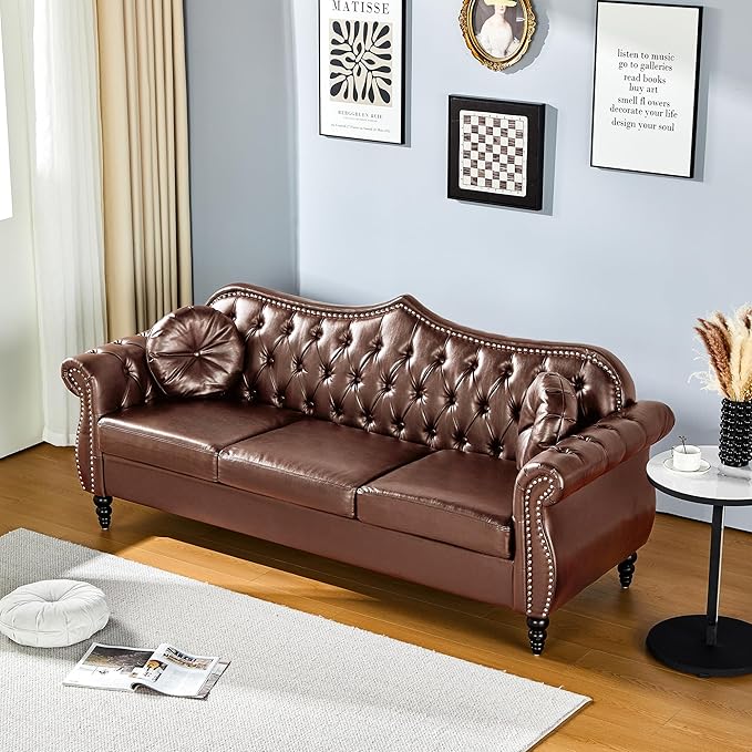 AVZEAR 82 Three Seater Sofa Chesterfield Sofa Mid-Century Modern PU Upholstered Sofa Deep Button Tufted Living Room Sofa with Two Throw Pillows Brown