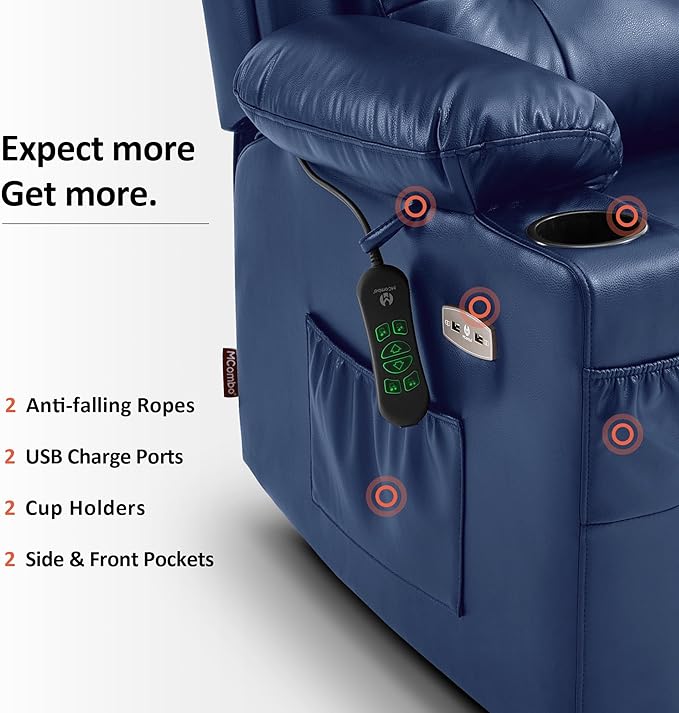 MCombo Large Triple Motor Power Lift Recliner Chair with Massage and Heat for Elderly People Adjustable Headrest Infinite Position USB Ports Faux Leather 7662 (Blue Large)