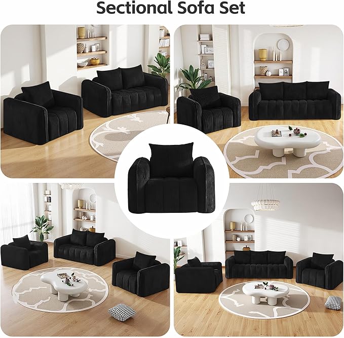 66 Loveseat Sofa Cloud Boneless Couch for Living Room Upholstered Compressed Sofa Deep Seat Corduroy Sofa with 2 Pillows &amp Armrests for Small Spaces for Bedroom Apartment Office Black