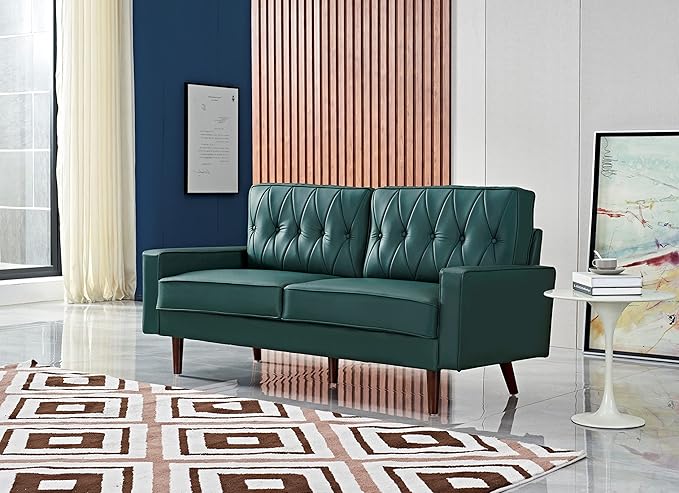 Container Furniture Modern Style Faux Leather Sofa with Elegant Round Tapered Legs and Button Tufted Backrest Perfect for Living Room Bedroom or Home Office 69.3’’ Wide Blue Green