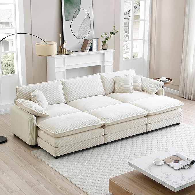 115.34 in Modular Sectional Couch 3 Seat Extra Deep Corduroy Sofa with 3 Ottoman Footrests 2 Arm Pillows &amp 3 Throw Pillows Upholstered Comfy Couches for Living Room Bedroom Apartment Beige