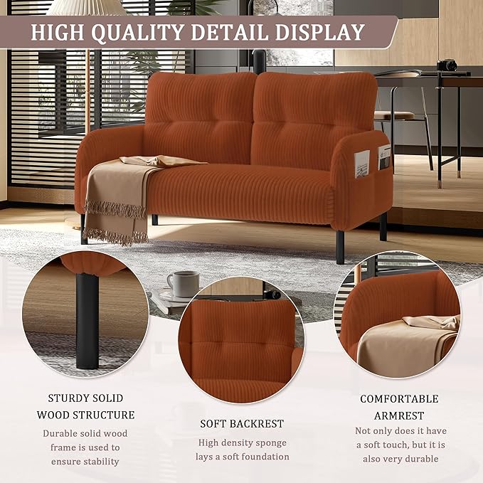 47 Loveseat Sofa Small Couches for Small Spaces Comfy Corduroy Solid Wood Frame Modern Deep Seat 2 Seater Couch with Side Pockets for Bedroom Living Room Apartment Office (Orange)